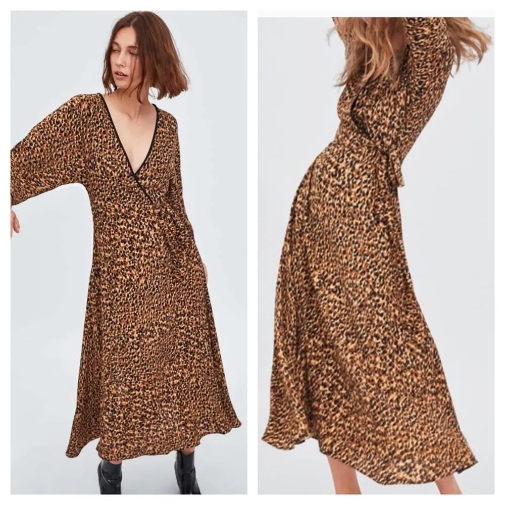 Zara Midi Wrap Dress Small Animal Print Brown Leopard Short Sleeve Casual - Image 2