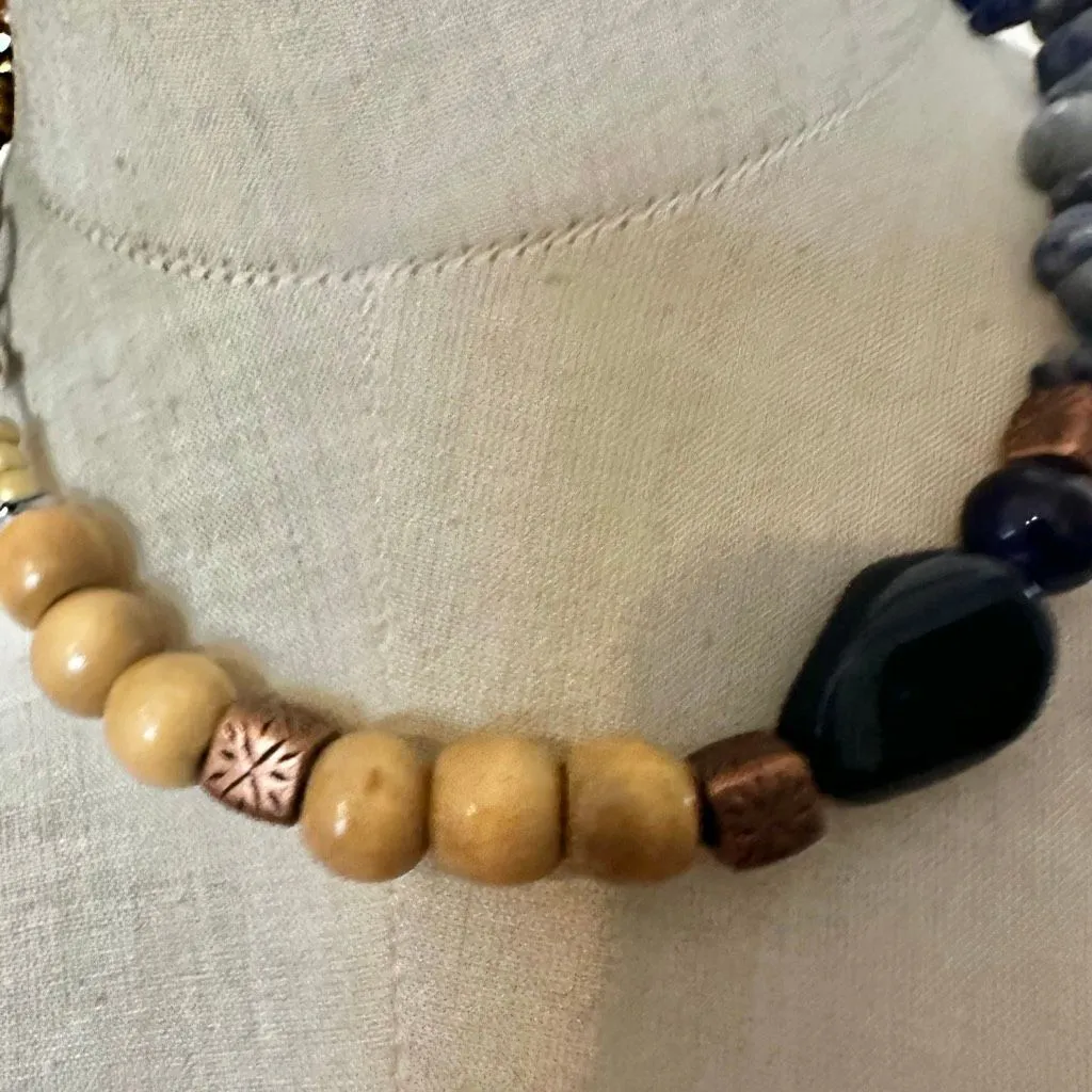 Boho Sodalite, Wood & Copper Statement Necklace - Image 3
