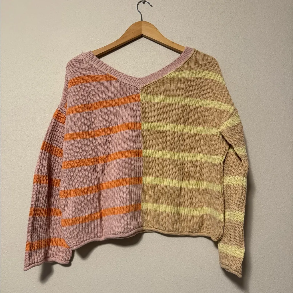 American Eagle Outfitters Striped V-Neck Sweater - Pink, Yellow, Orange - Image 3