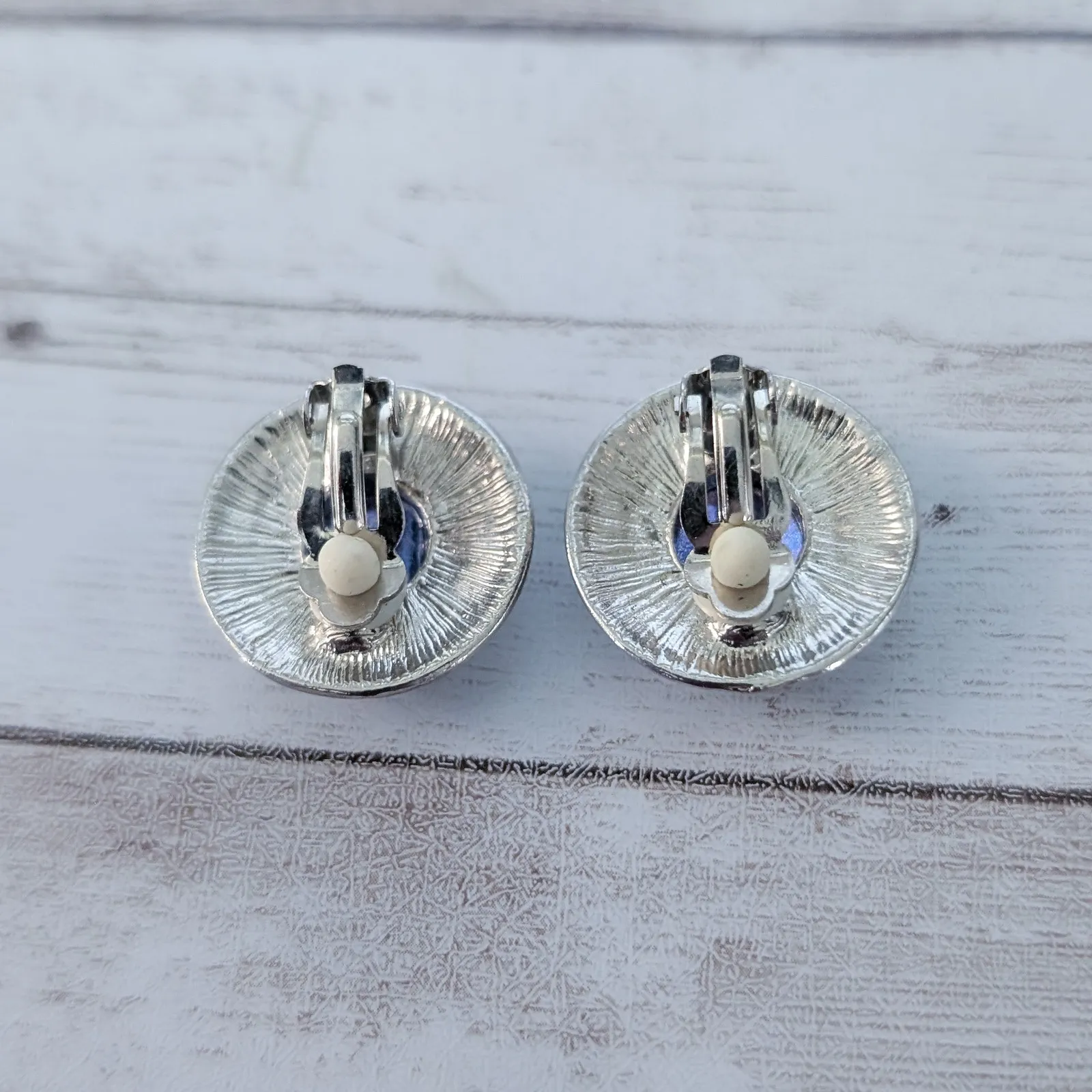 Vintage Clip On Earrings Silver Tone, Blue Center, Clear Gem Halo - Image 4