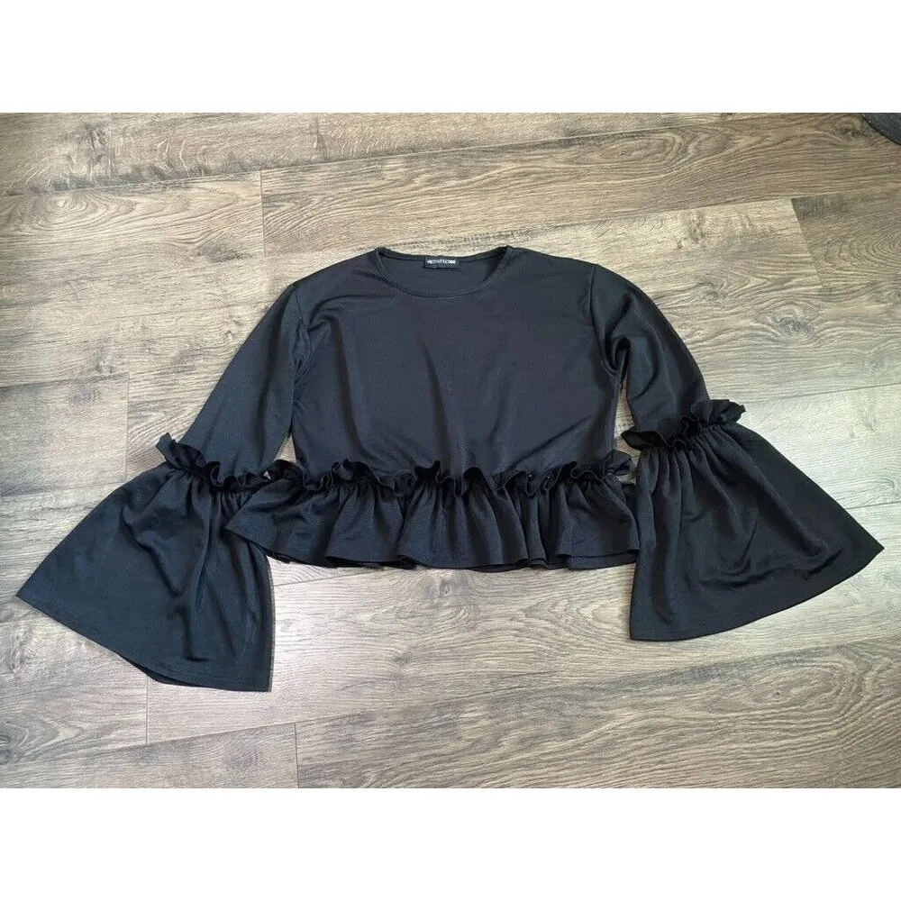 EUC Womens Pretty Little Thing black frill bell long sleeve ruffle crop top SZ 6 - Image 2