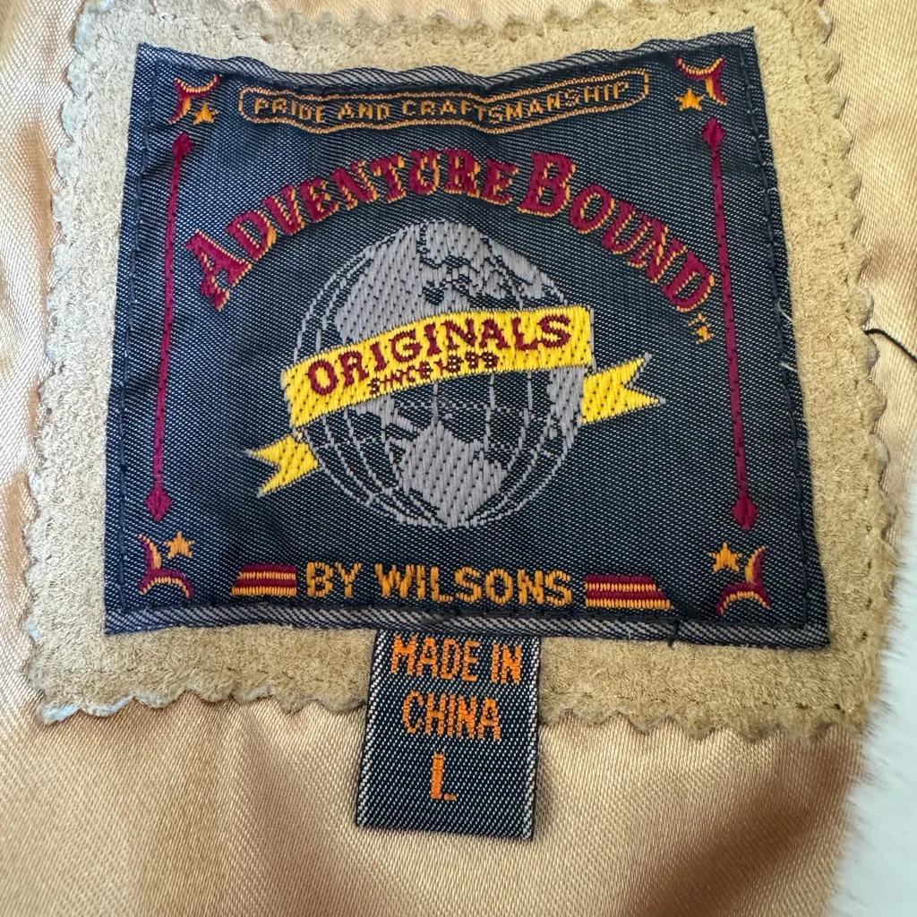 Vintage Wilson’s Tan Suede Leather Anorak Drawstring Jacket Faux Fur Hood Large - Image 4