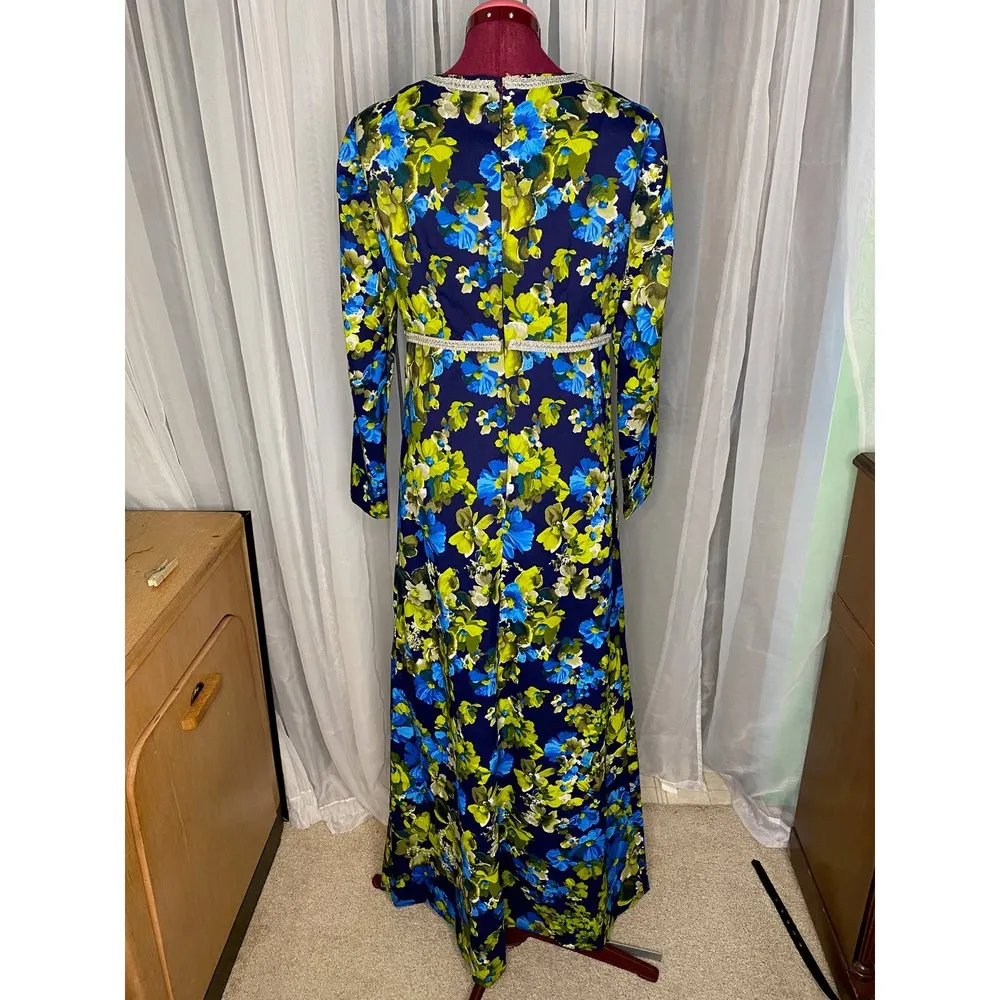 maxi dress Vintage 1960s floral blue green silver - Image 7