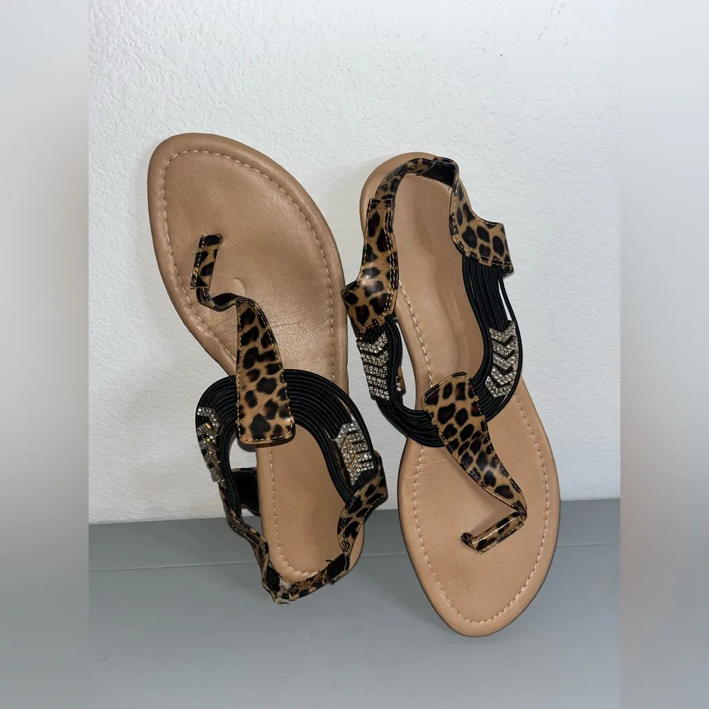 Cheetah Print Summer Crystal Bling Elastic Gladiator Thong Stretch Sandals Sz 10 - Image 16