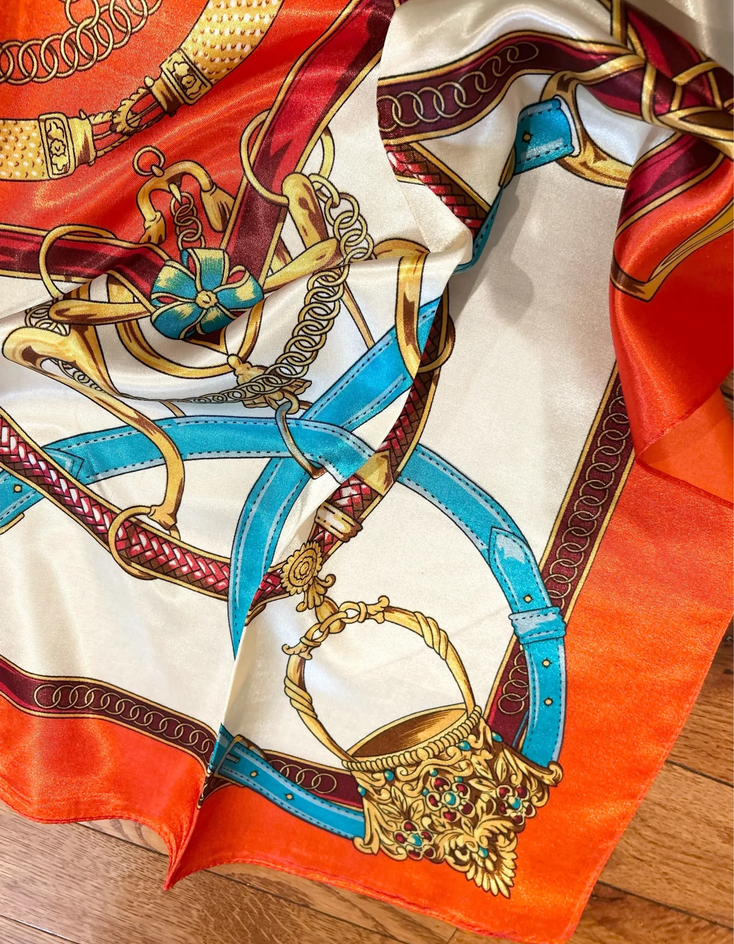 Vintage Equestrian Royal Crown print oversized had rolled silky Scarf 35/35 Orange - Image 13