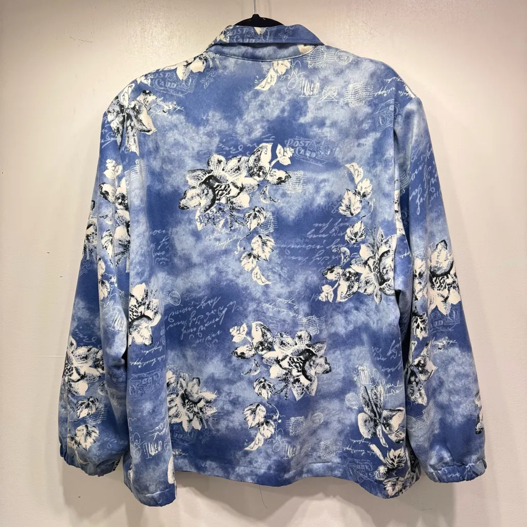 Blue Floral Postcard All Over Print Zip Front Jacket Sequins Allison Daley 20W - Image 2