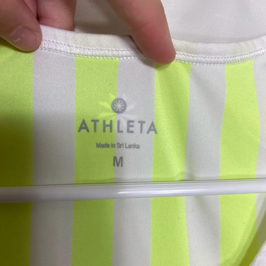 EUC Athleta women’s neon yellow white ocean stripe chi muscle tank‎ top active M - Image 2