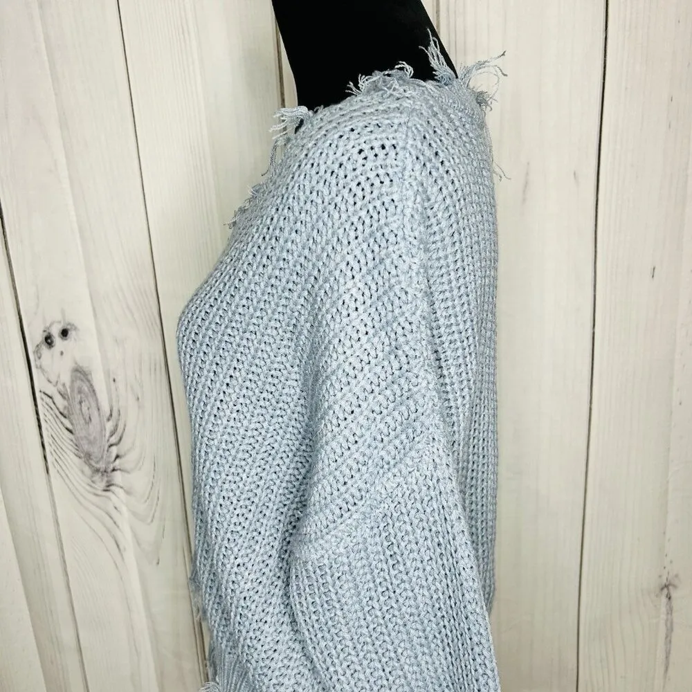 Love Tree Sz M Cable Knit Crop Slouchy Fit Blue Sweater Distressed Fringe - Image 5