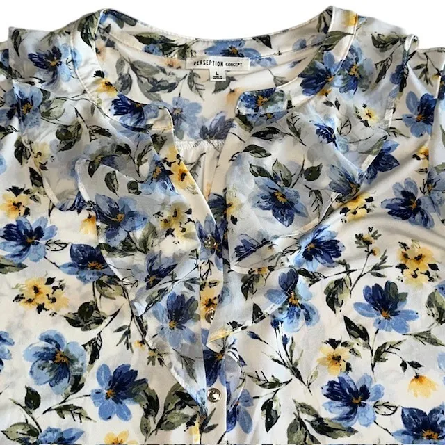 Perseption Concept Floral Ruffle Blouse Button Down Top Short Sleeve Size‎ L Blue Size L - Image 6