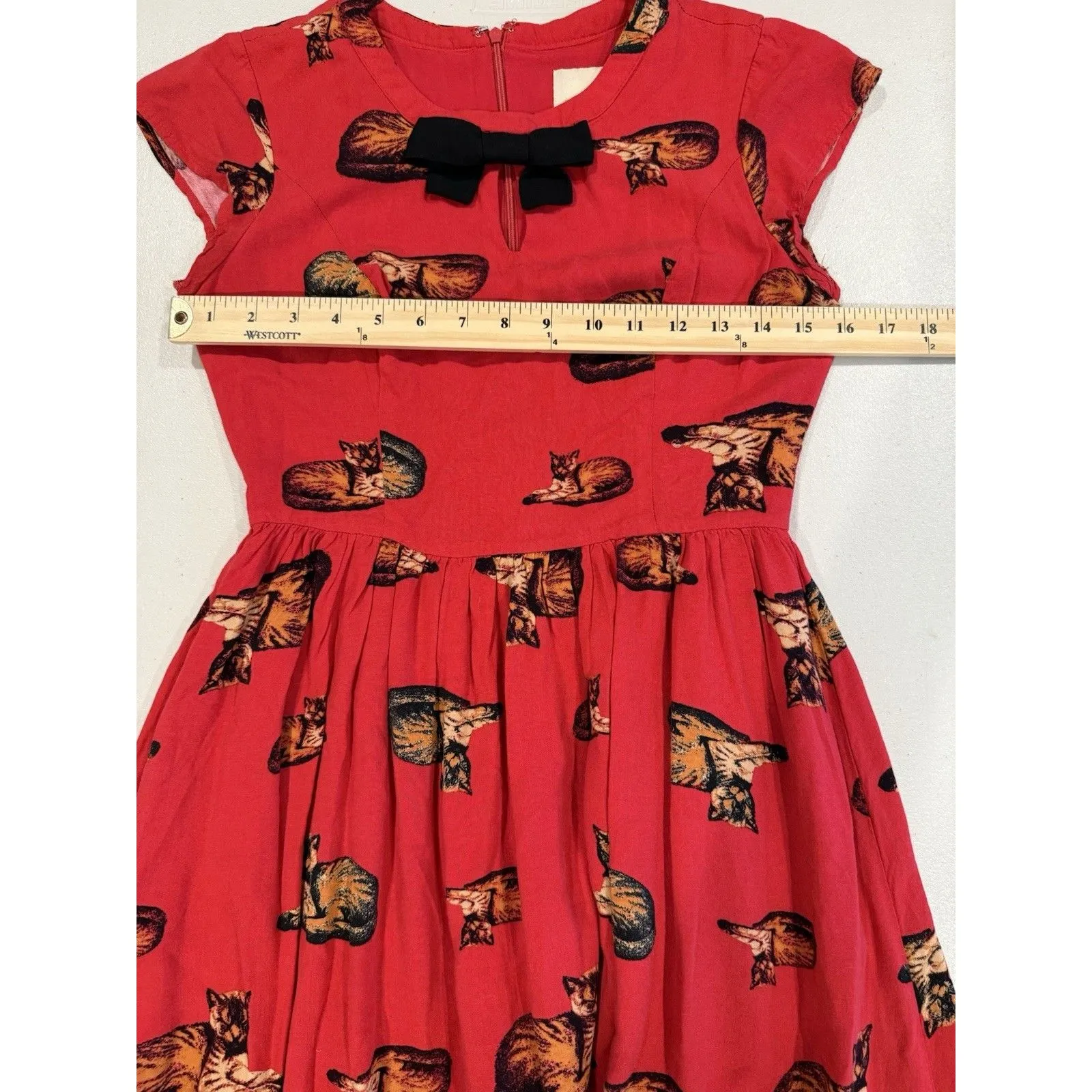 Modcloth Cat Fit & Flare Dress Womens Small Bow Twee All Over Print Retro Lined - Image 4