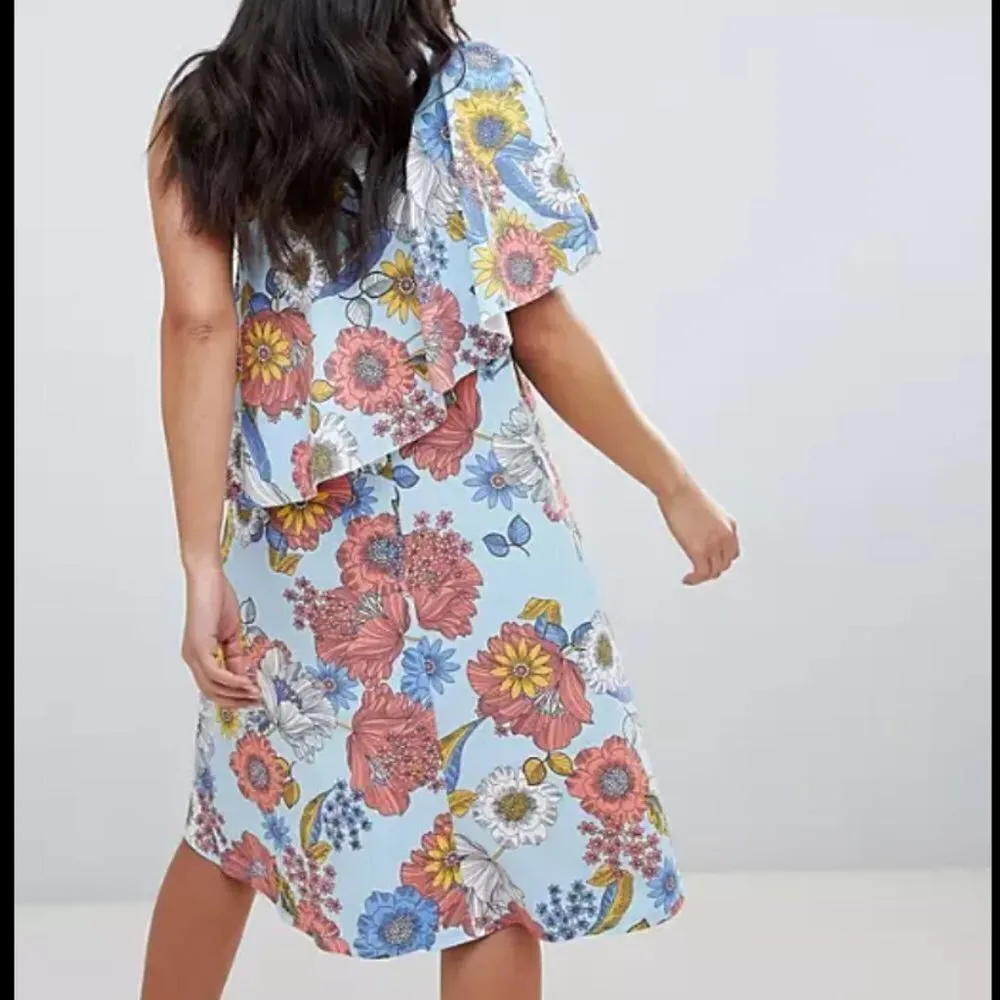 ASOS  Maternity One Shoulder Cape Dress Blue Floral - Image 4