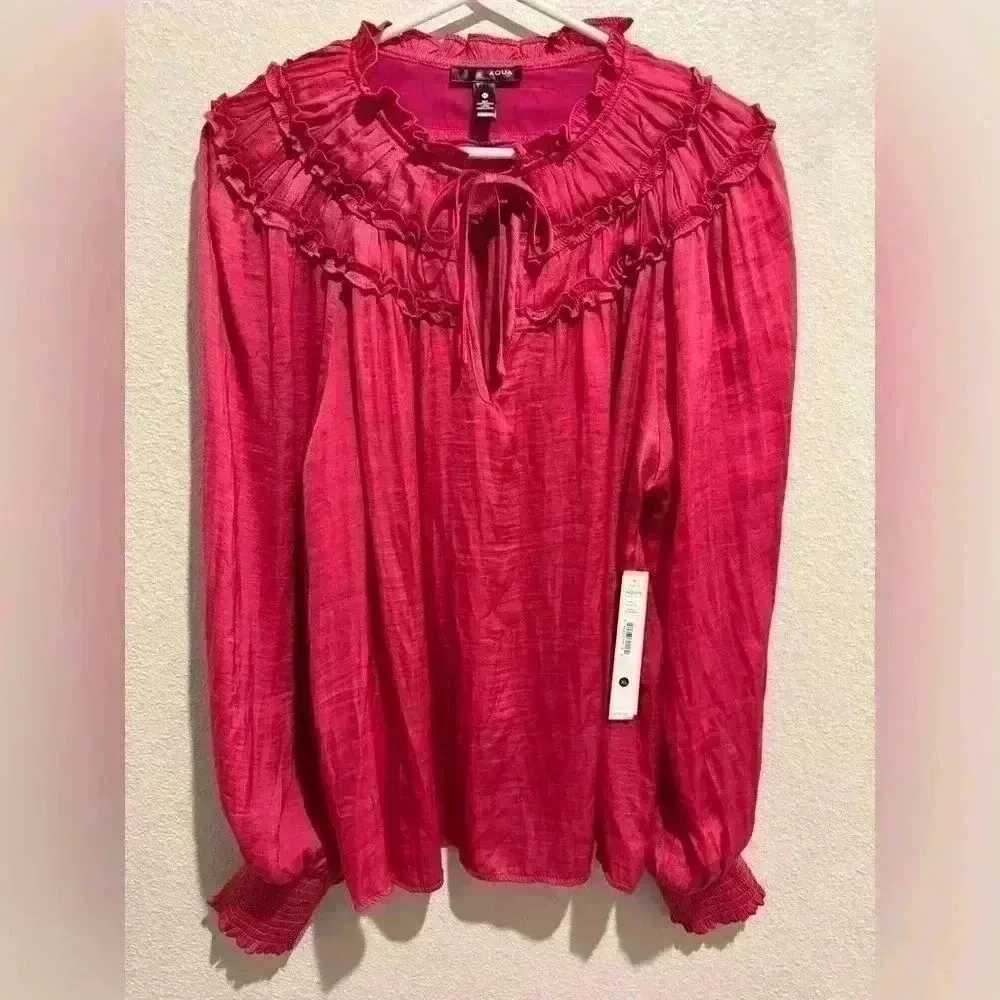 AQUA Ruffle Yoke Tie Neck Top Blouse 100% Exclusive Size XL‎ - Image 2