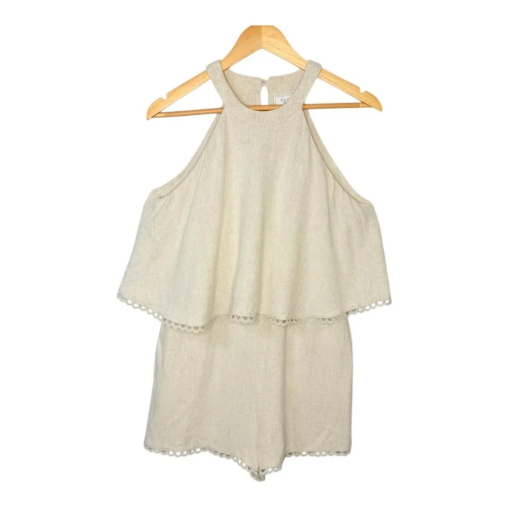 Sage the Label Harmony Romper Layered Halter Crochet Trim Beige Women Size Small - Image 2