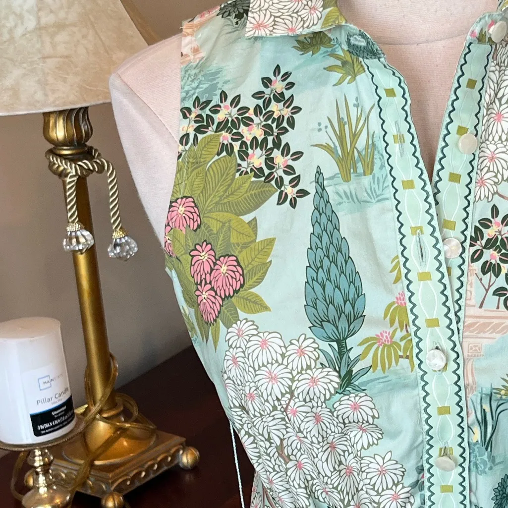 Spartina 449 Pastel Green Cotton Print Dress Ruffle Hem Tie Belt Sleeveless New - Image 7