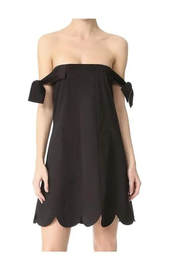 Zac Posen Isla Black Poplin Cotton Off Shoulder Scalloped Hem Mini Dress Size 8 - Image 11