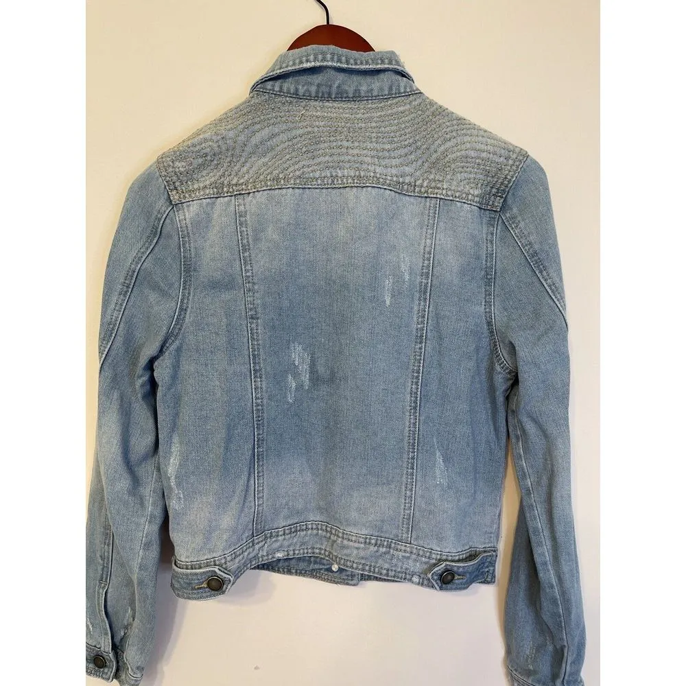 Copper Key  Distressed Denim Button Down‎ Ripped Jean Jacket M Detail Shoulder - Image 2