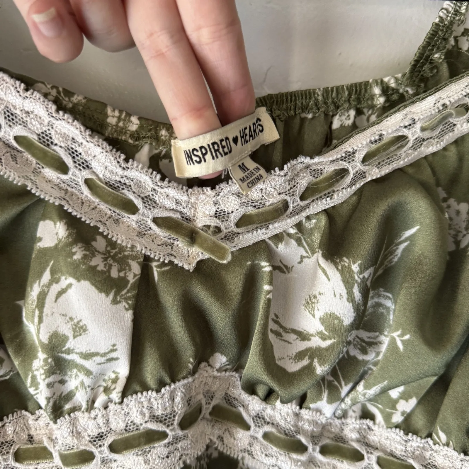 Inspired Hearts Dress Milkmaid Y2k Medium Floral‎ Maxi Cottagecore Puff Sleeve Green - Image 6