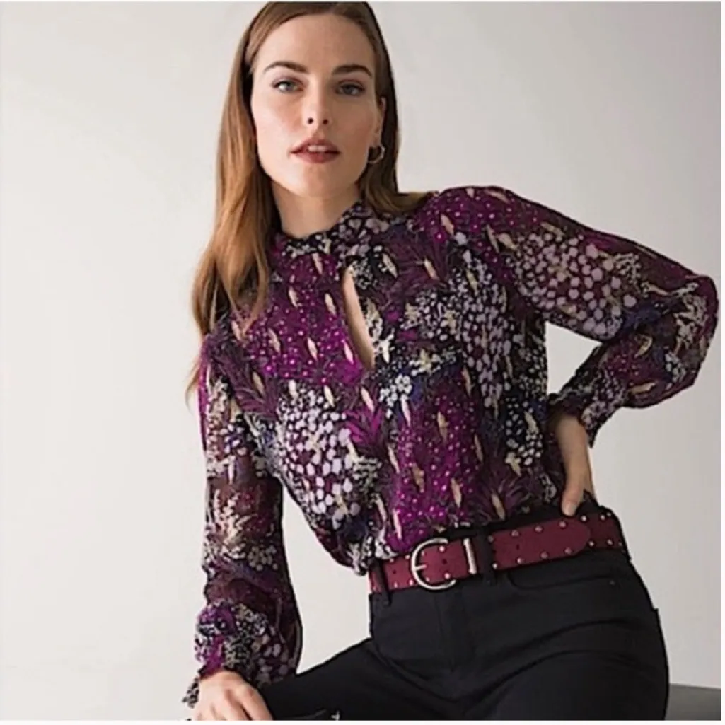 White House Black Market Long Sleeve Floral Metallic Blouson Blouse Purple 10 - Image 2