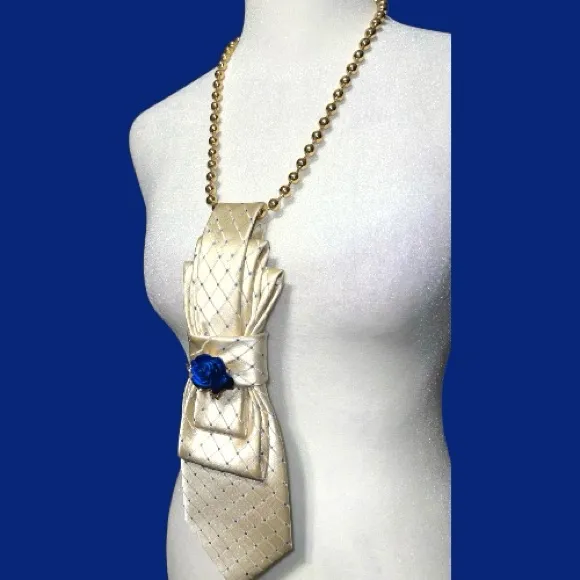 “Dainty Dapper”satiny feel cream necktie necklace with blue design and blue rose - Image 5