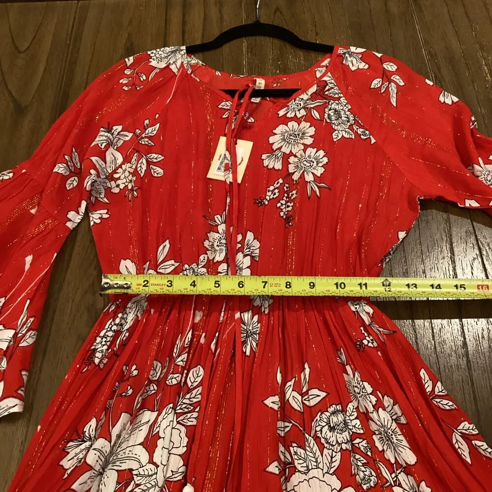 Raga rohit teared peasant bell sleeve metallic shimmer red mini floral dress S - Image 7
