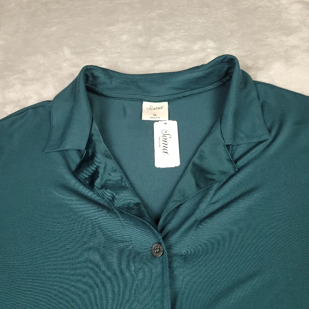 NWT Soma Cool Nights Satin Trim Notch Collar Top Pajama Womens Size XL Deep Teal - Image 2