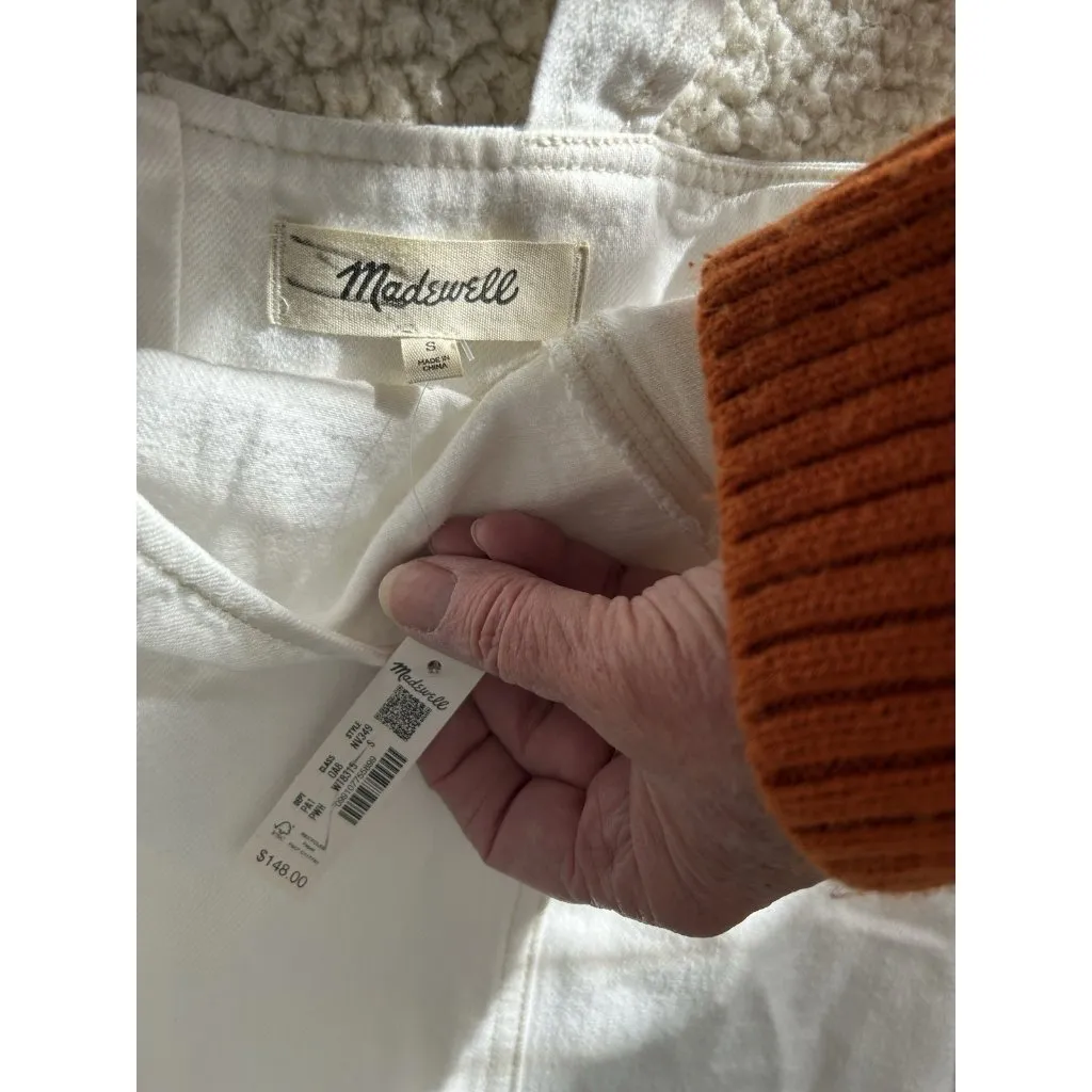 Madewell $148 Denim Scoopneck Midi Dress Pure White Wash A Line Raw Hem Size S - Image 10