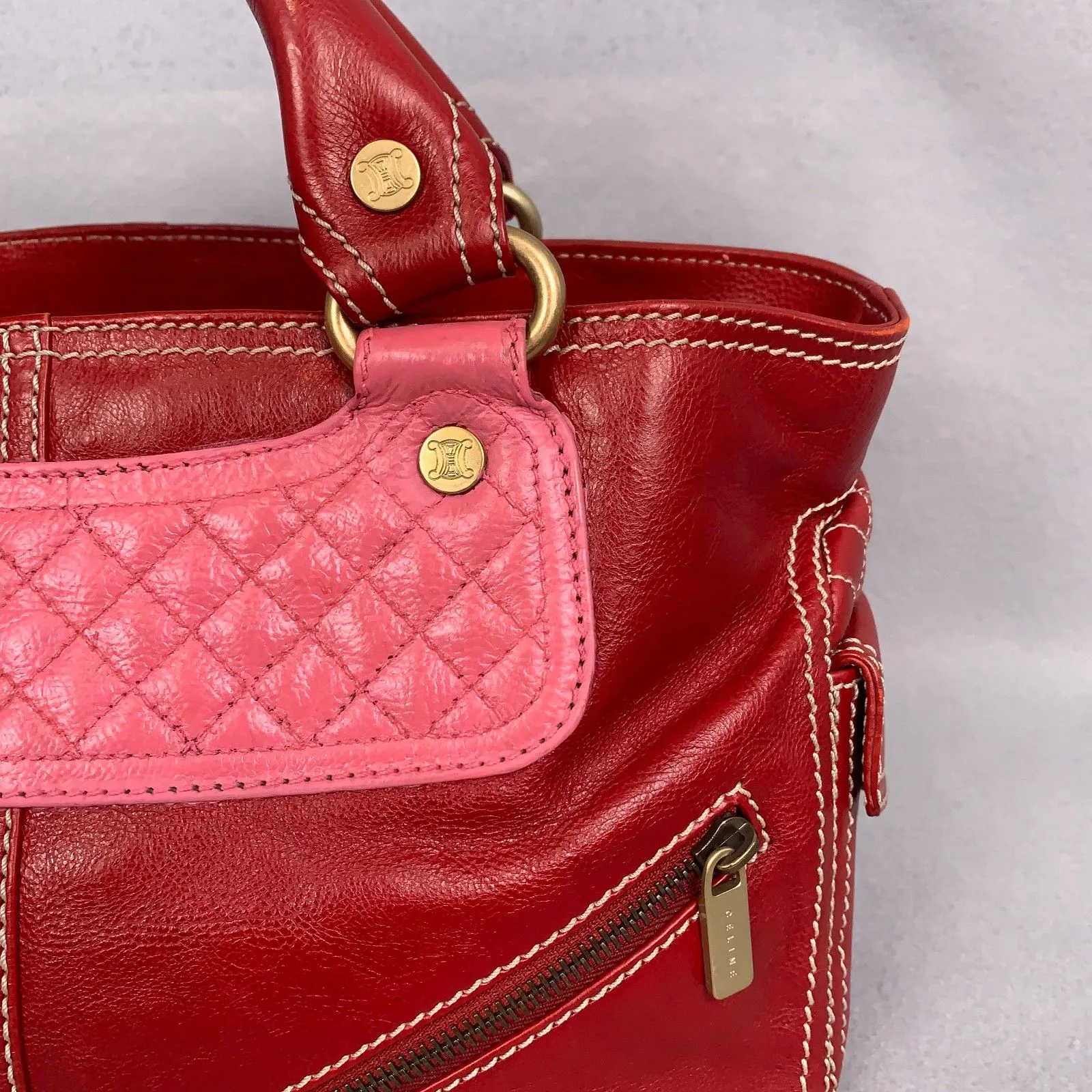 Celine Red Leather Satchel Bag Pink Quilted Detail Designer Purse Classic Luxury - Image 9