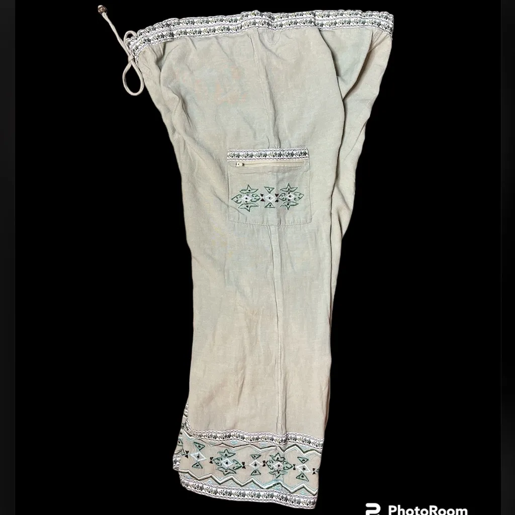 Vintage Y2K Embroidered Linen Capri Wide Leg Drawstring Cargo Pocket Floral Green Size L - Image 2