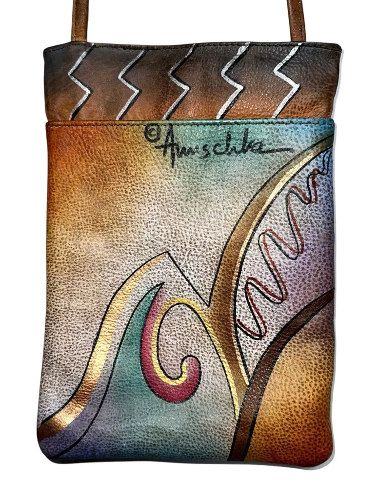 Anuschka Hand-Painted Leather Crossbody Bag | Abstract Multicolor Art Mini Purse - Image 1