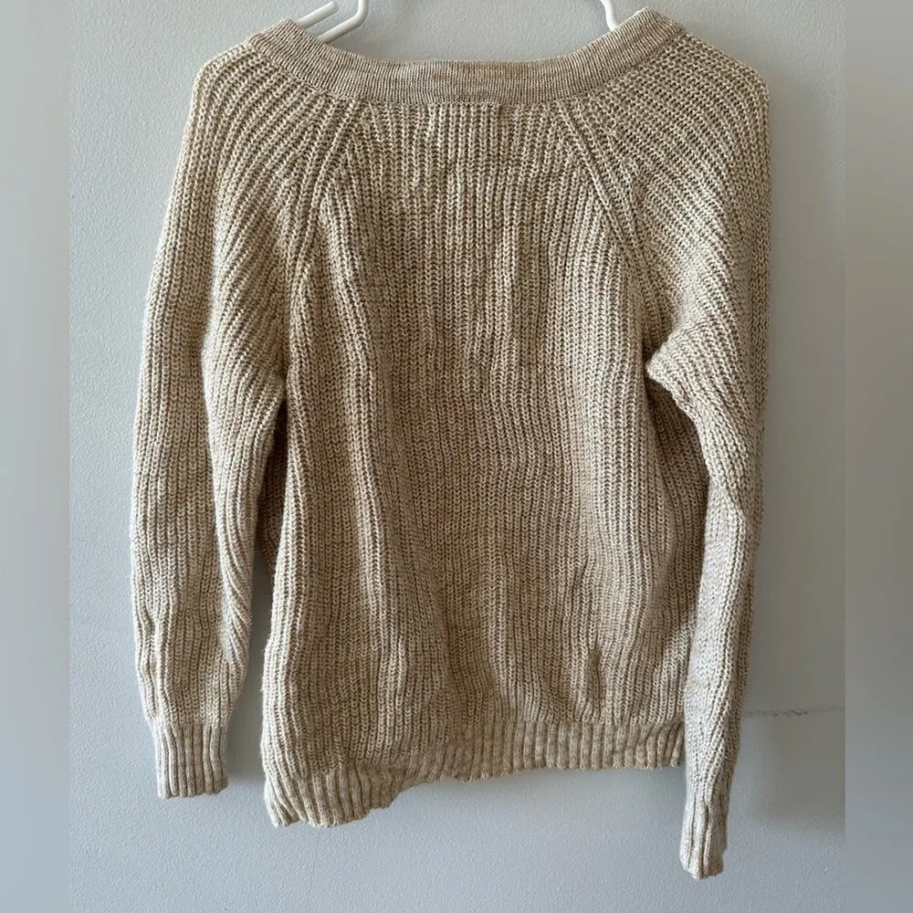 It's Our Time Sweater Women's Medium Beige V-neck Knit Winter Cabincore Pullover - Image 6