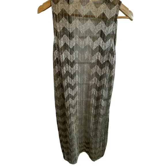 Swim Cover‎ Up Women Small Gold Metallic Chevron Duster Side Slits - Image 2