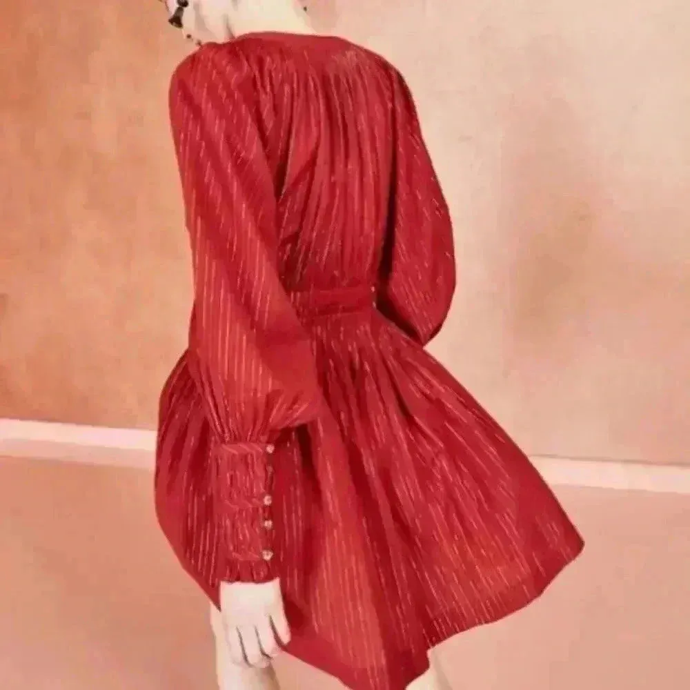 NWOT ULLA JOHNSON Metallic Cotton Long Sleeve Red Ruby Rory Dress Pockets Size 6 - Image 2