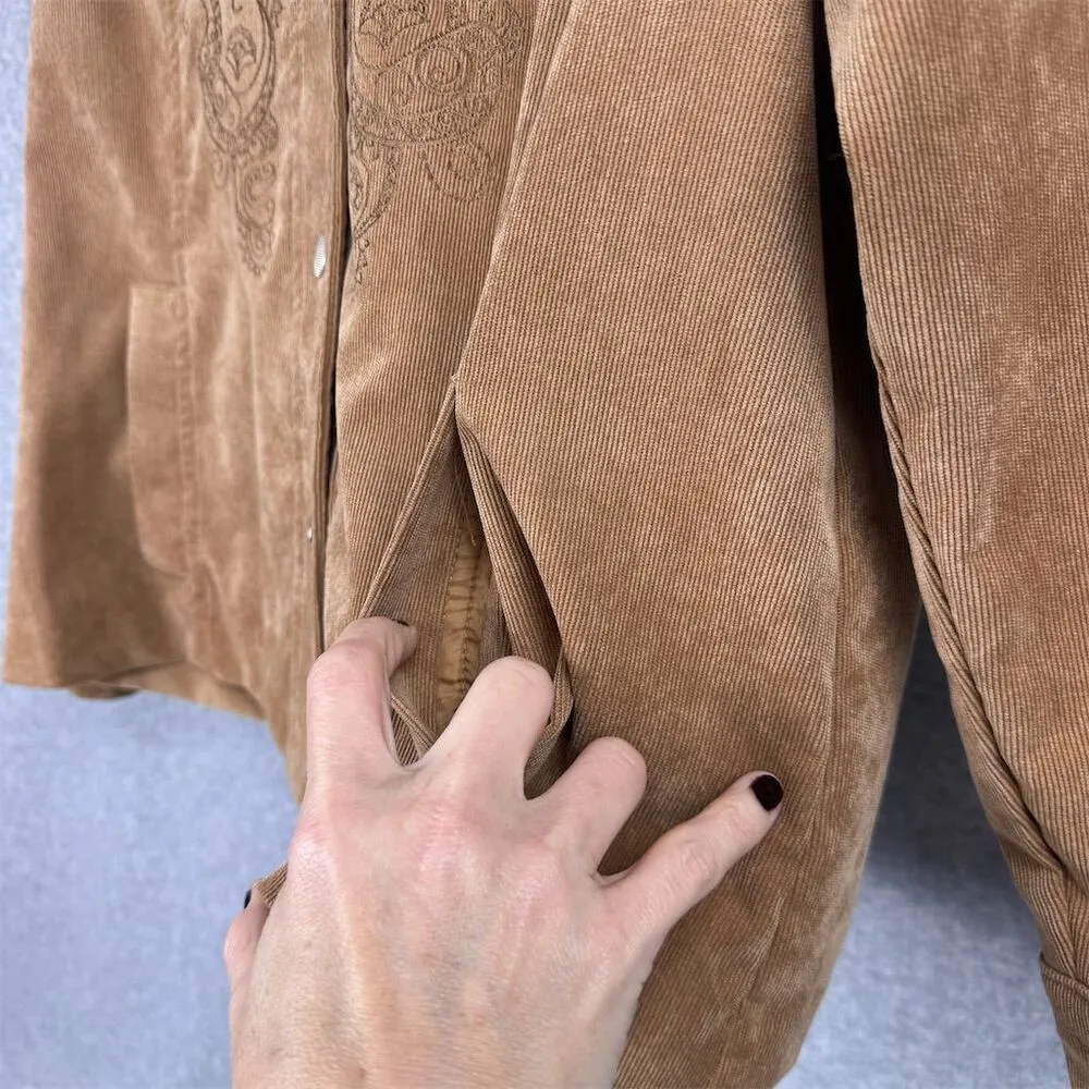 Allison Daley Petite Women's Tan Embroidered Button Front Corduroy Jacket Medium - Image 3