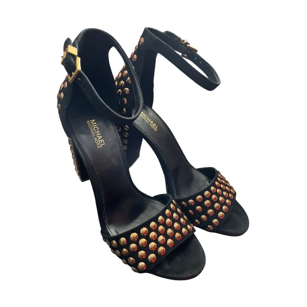 Michael Kors Leela Black Suede Gold Studded Heels Size 7M SKU 8901 - Image 13