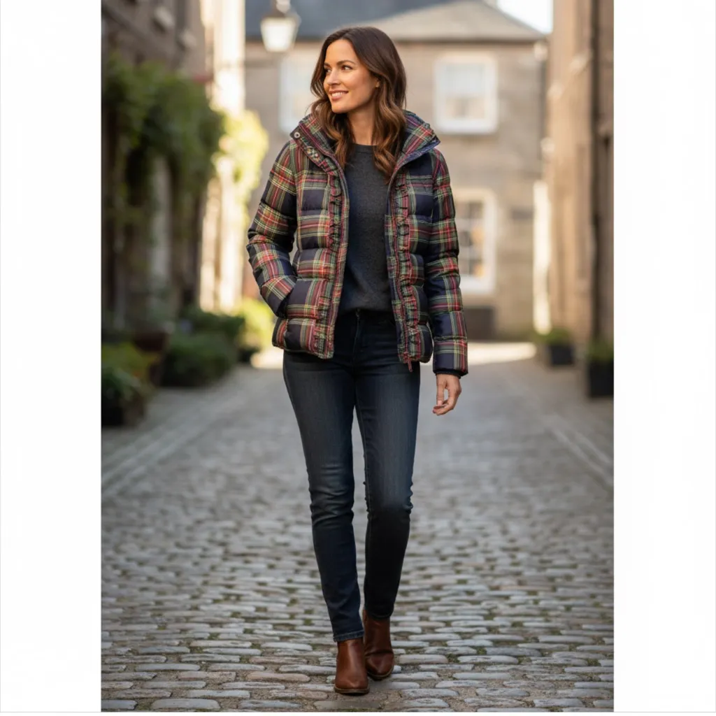 Talbots Plaid Tartan Ruffled Down Winter Coat Red Blue Green XS - Image 2