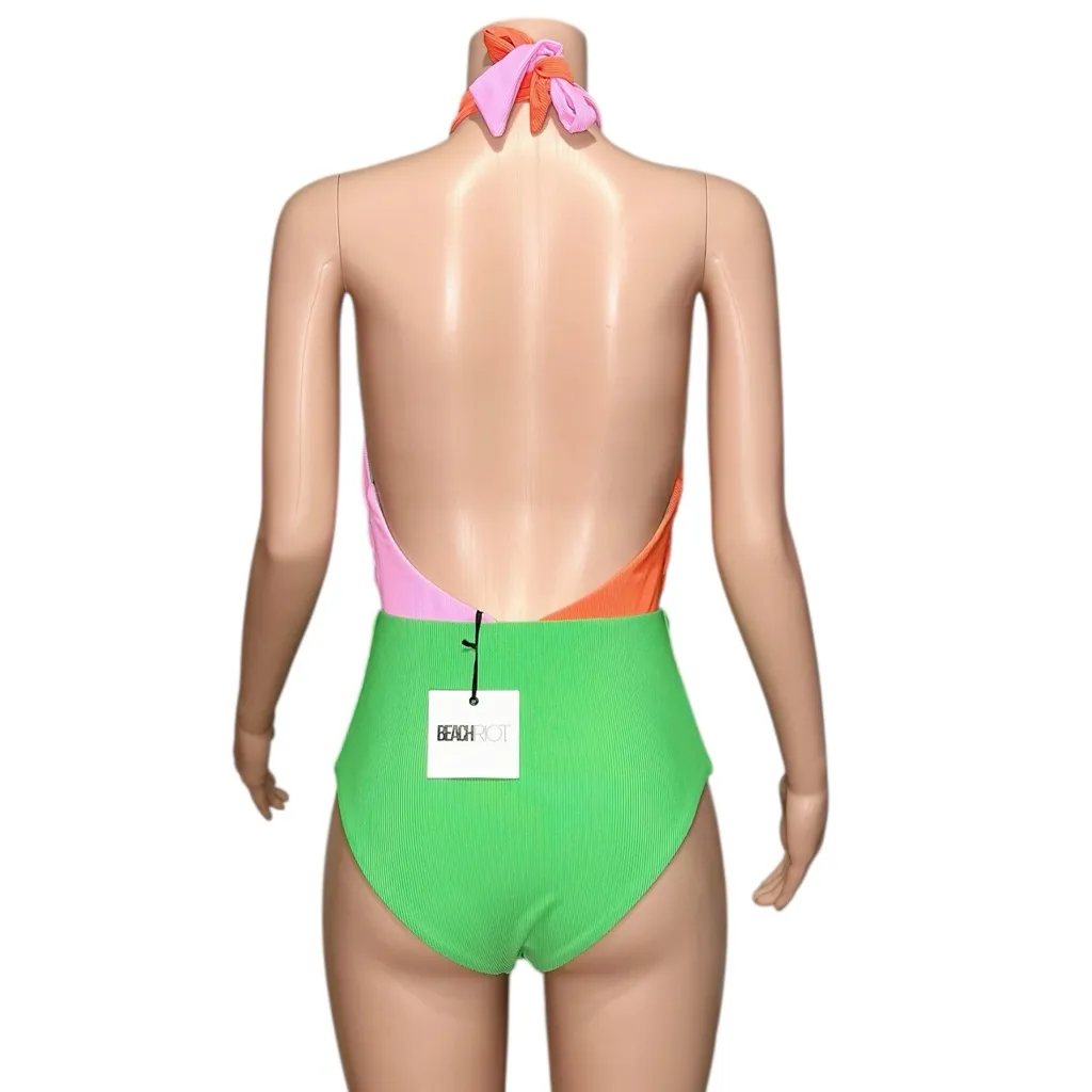 BEACH RIOT Jessica Cut-Out One Piece Swim, Coral Beach Colorblock, Large - Image 10