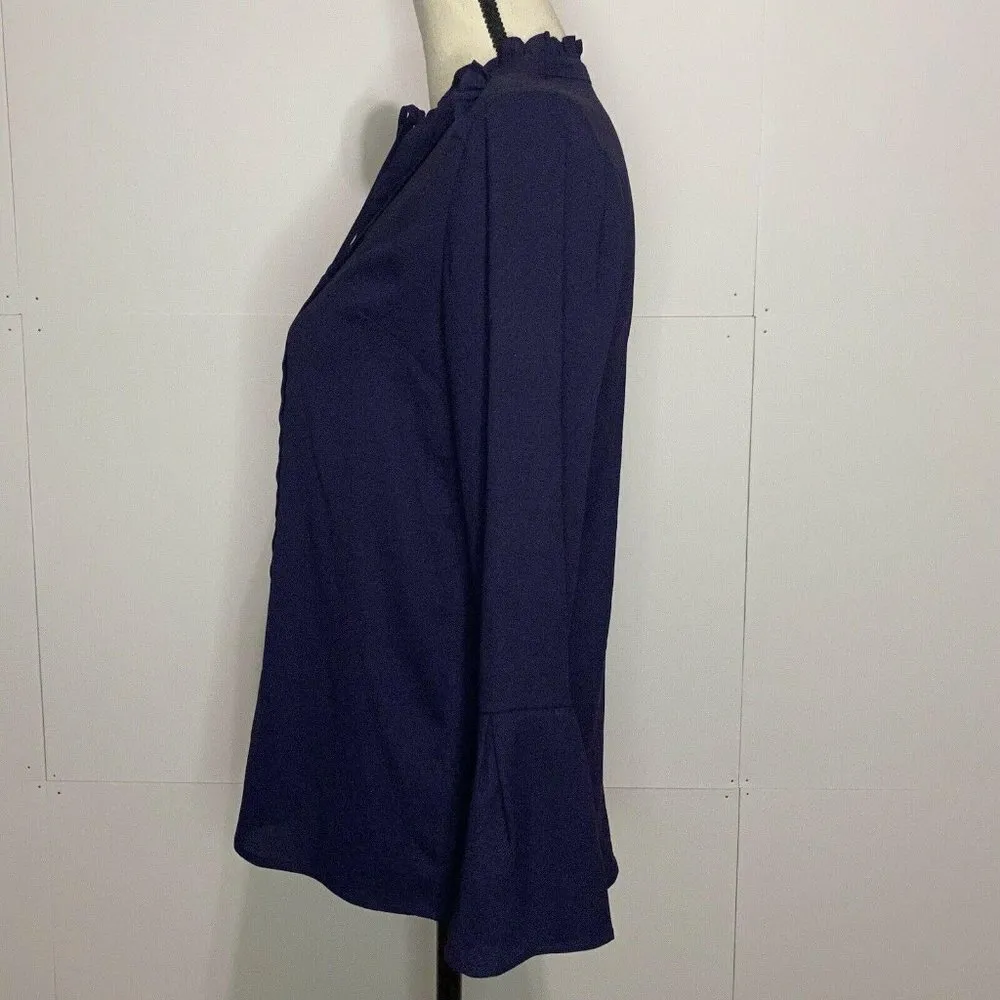 Ann Taylor Petite XXSP Tie Neck Blouse Long Sleeve Navy Bell Sleeve - Image 4