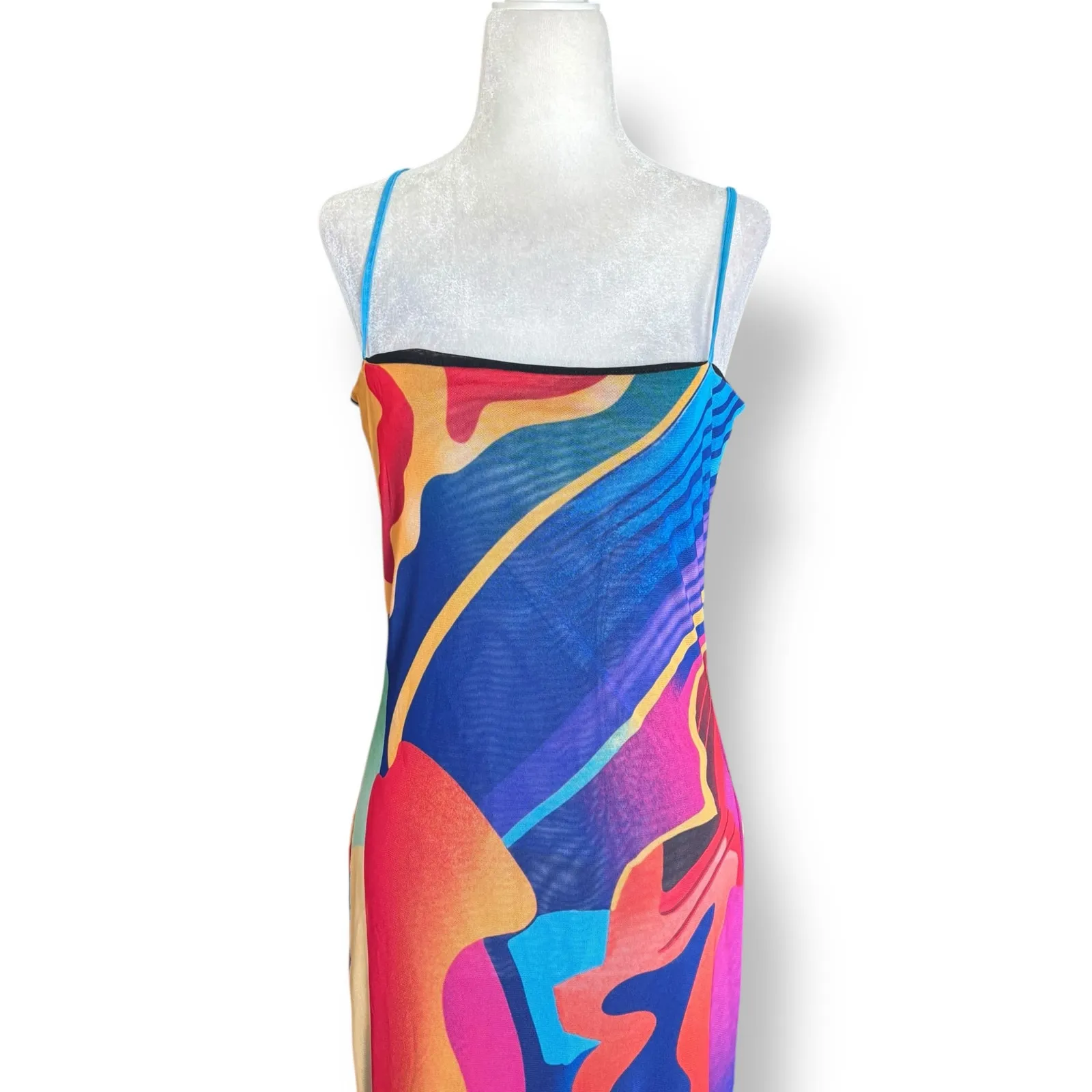 Expired Girl X Heeyajenny Abstract Mesh Midi Slip Dress Colorblock Medium New Blue - Image 14