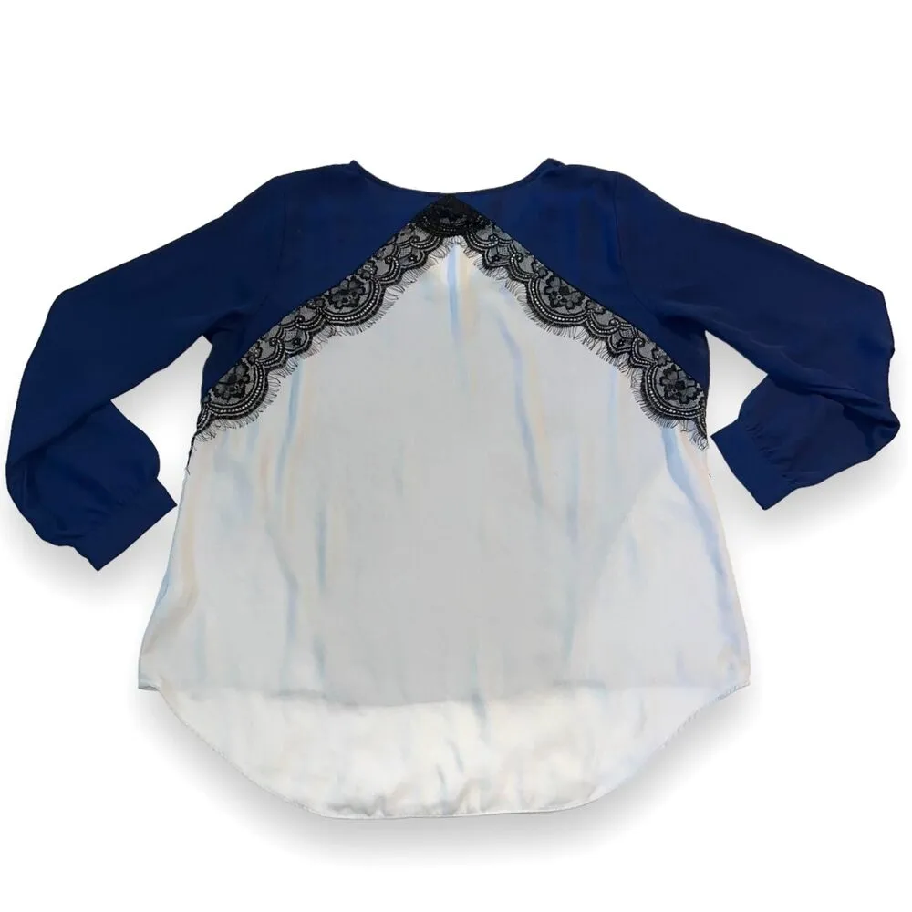 Apt 9 Womens Blouse Top Shirt Lace Trim Silky Lightweight Long Sleeve Blue XL - Image 5