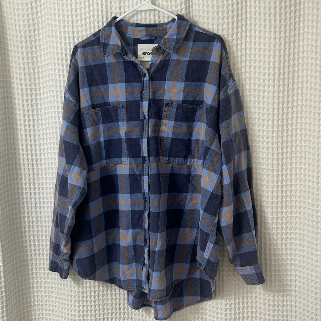 Aerie Womens Anytime Fave Flannel Shirt Button Up Plaid Blue Size Large - Image 4