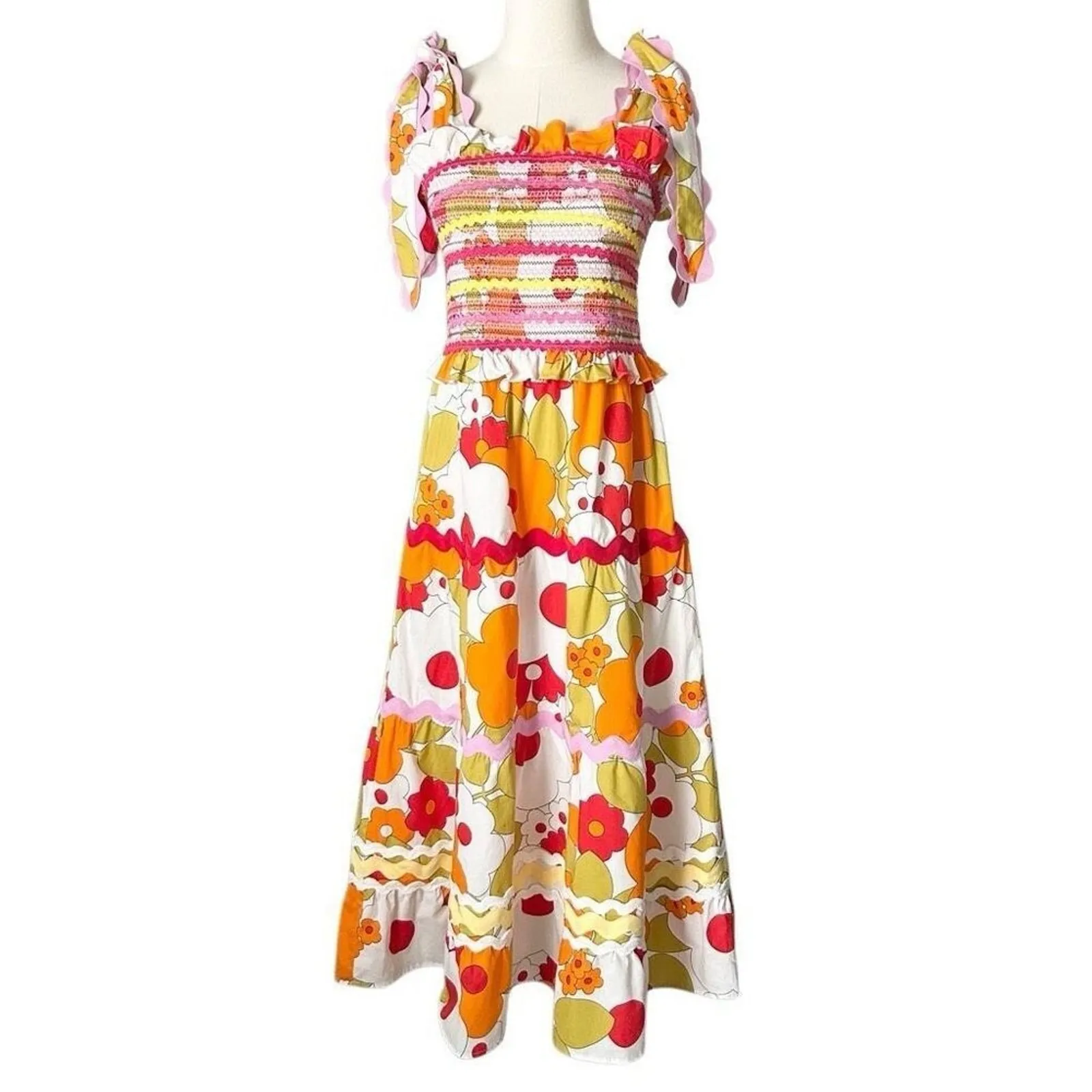 CeliaB Colorful Floral Sunstone Smocked Midi Dress Tie Shoulders Size Large Orange - Image 2
