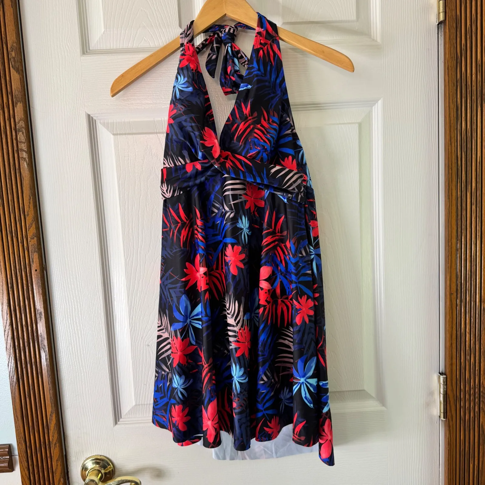 Aimage Halter Swim Dress Floral Print Swimsuit Cover Up Black‎ Red Blue L Black Size L - Image 9