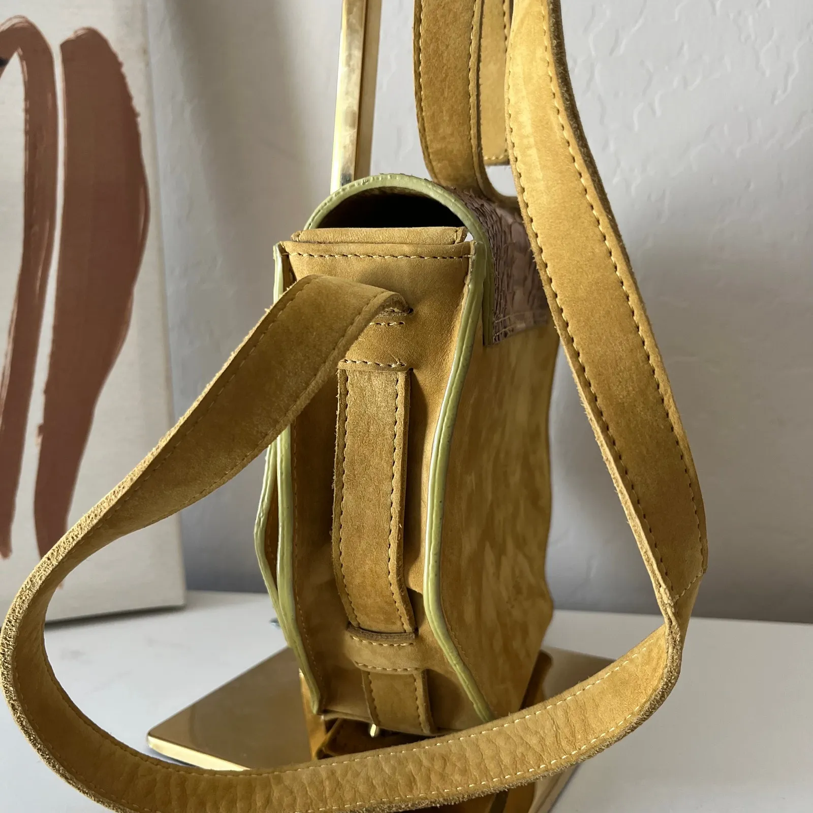 Cala Jade Leather Snakeskin Flap Hexagon Small Crossbody Bag‎ Purse Yellow - Image 9