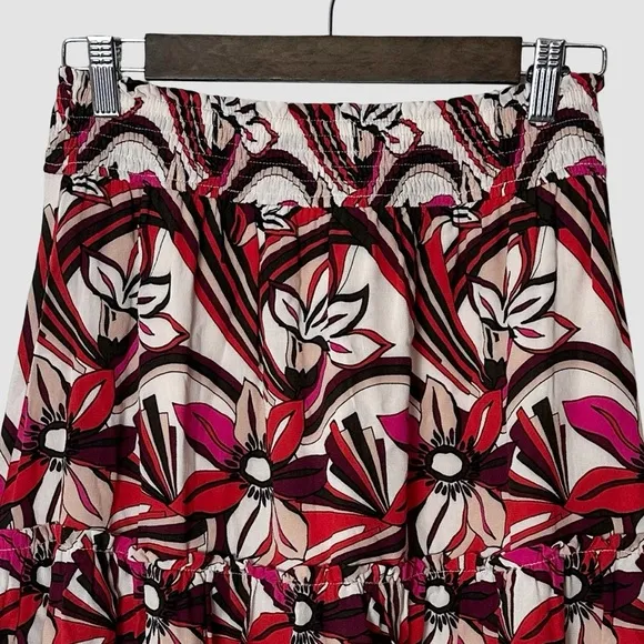 Anthropologie Floral Print Ruffle Tiered Mini Skirt‎ Red Pink Size S Boho - Image 5
