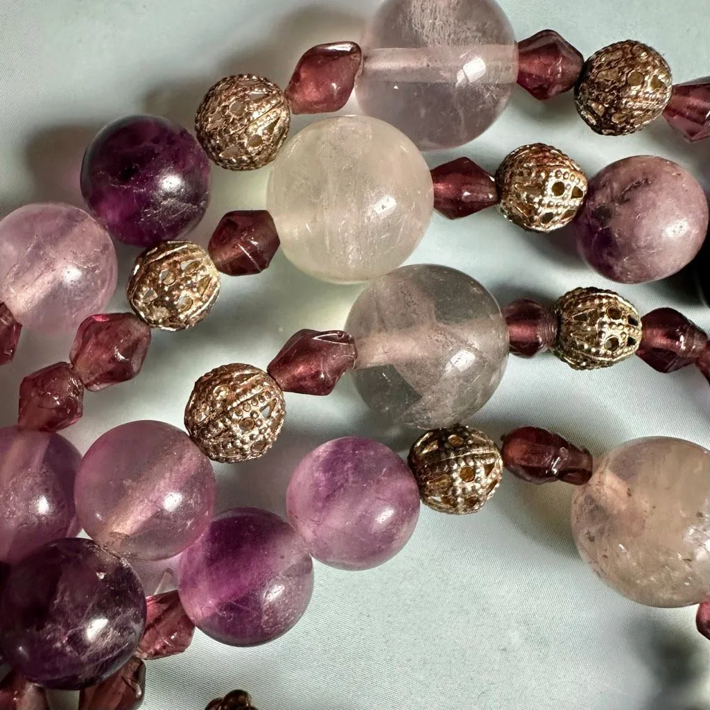 Vintage Fluorite, Rose Quartz & Aventurine Long Necklace w/ Gold - Image 8