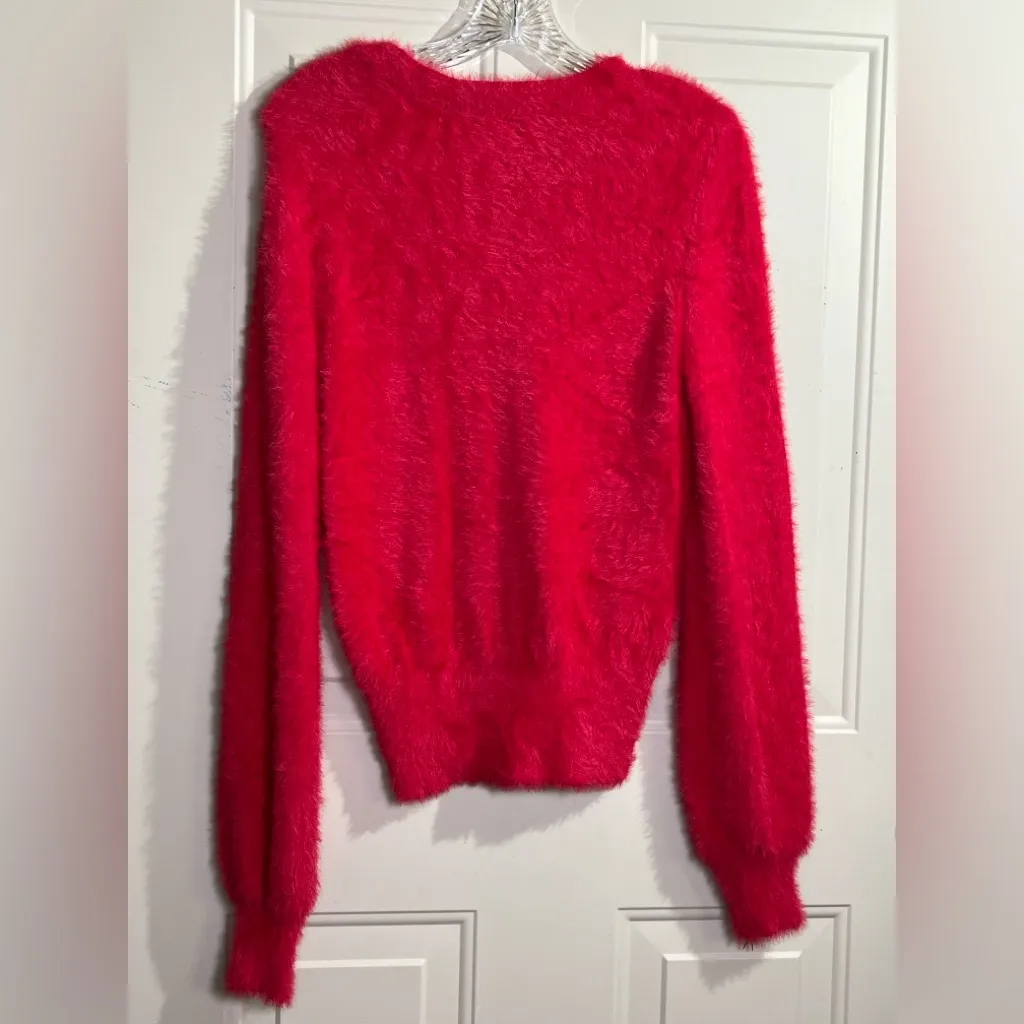 Almost Famous Red Fuzzy Eyelash Knit Sweater V-Neck Long Sleeve NWOT L - Image 2