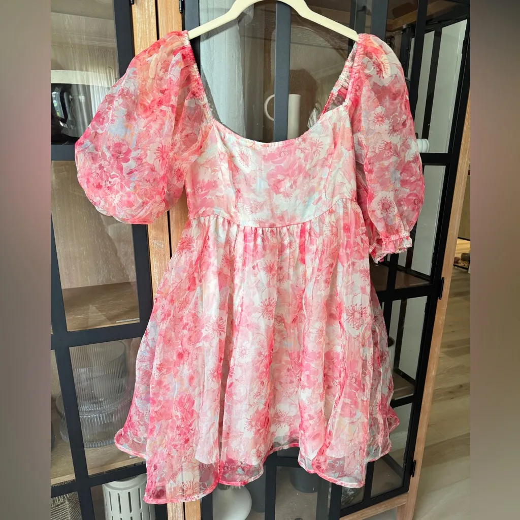 Francesca’s Claudia Floral Organza Babydoll Dress mini puff sleeve selkie pastel Red Size XS - Image 2