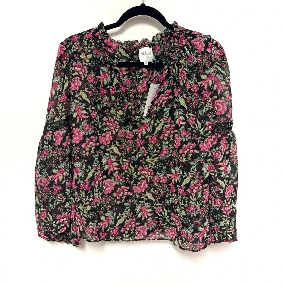 NWT $280 MISA Flora Fuschia Alicia Blouse Top - Chiffon Peasant Top Lace - Image 2