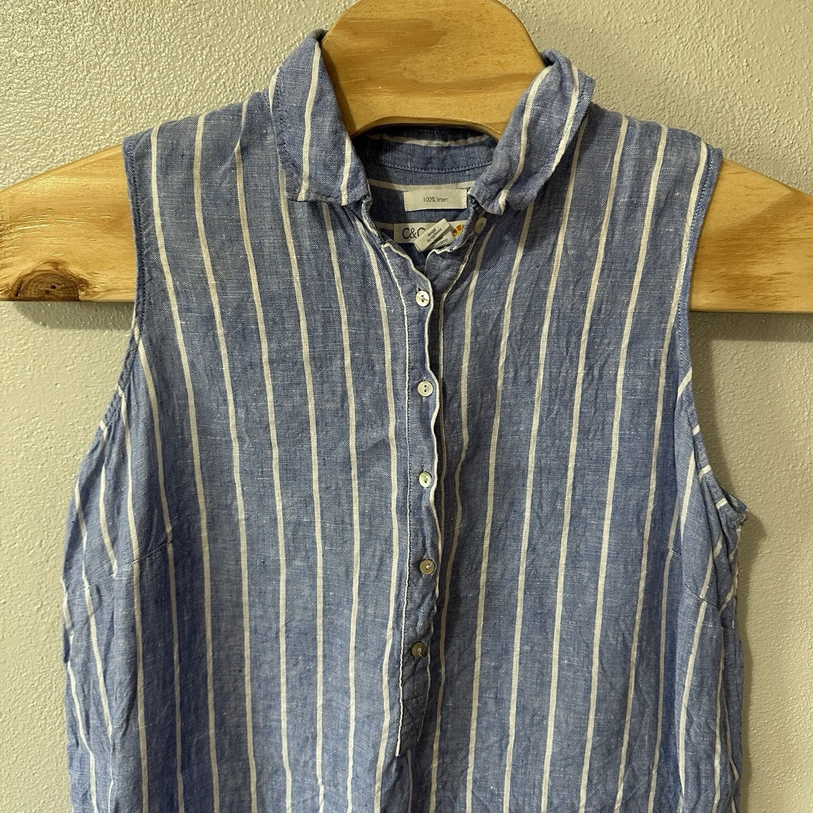 C & C California‎ Women's Size 1X Blue White Stripe Linen Shirt Dress - Image 2