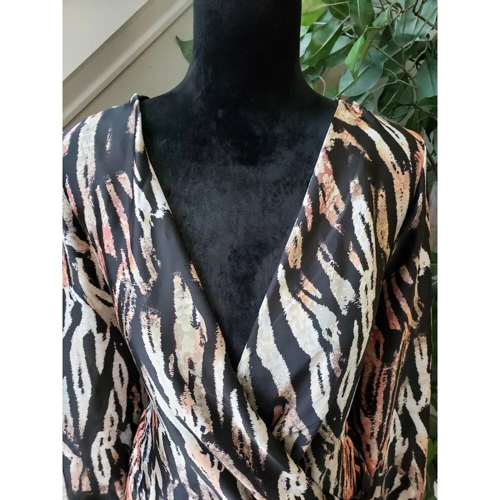 KAII Top Blouse Womens XL Black Beige Leopard Print Surplice V Neck Tie Back - Image 11